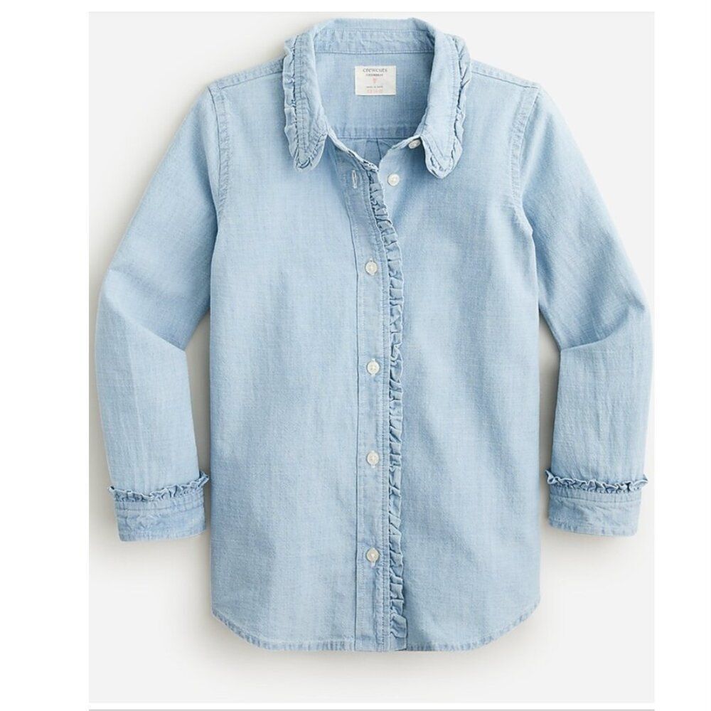 J Crew Girls’ Chambray Shirt with Ruffle‎ Details (Size 6–7) - NEW